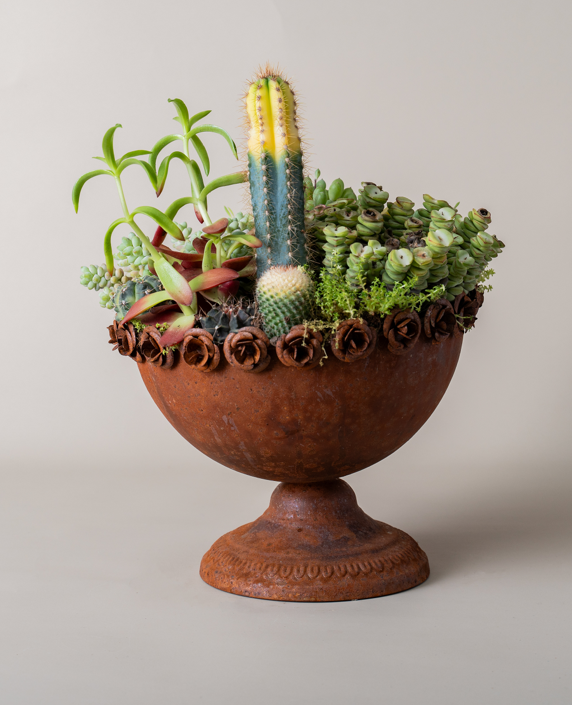 Rust-colored rose trophy shaped iron flowerpot