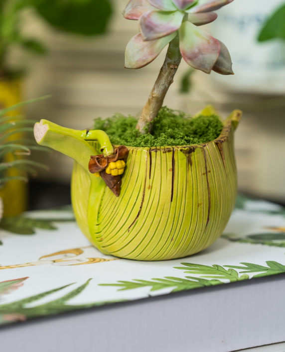 Handcrafted Ceramic Planter - Banana Leaf Design - Realistic and Adorable