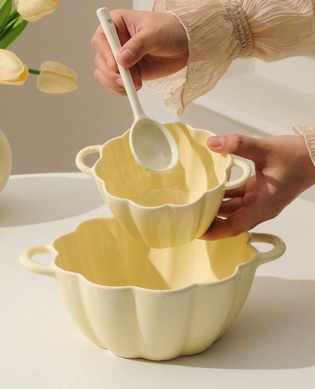 Creamy Yellow Ceramic Double-Handled Soup Bowl