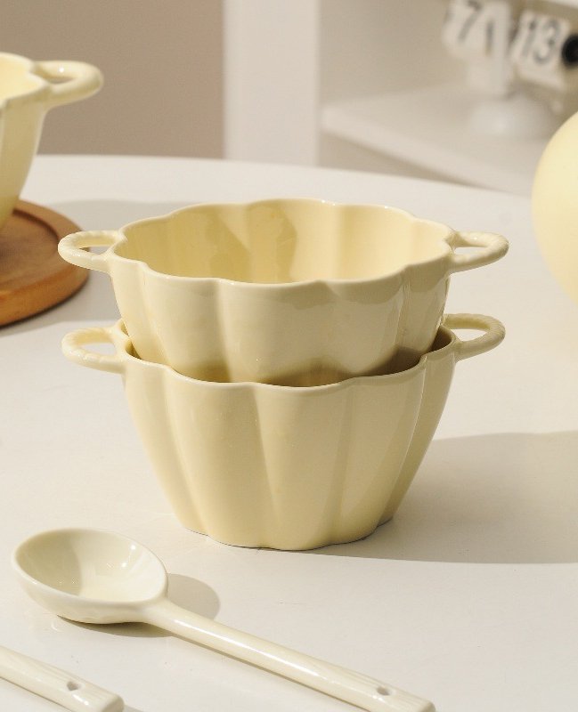 Creamy Yellow Ceramic Double-Handled Soup Bowl