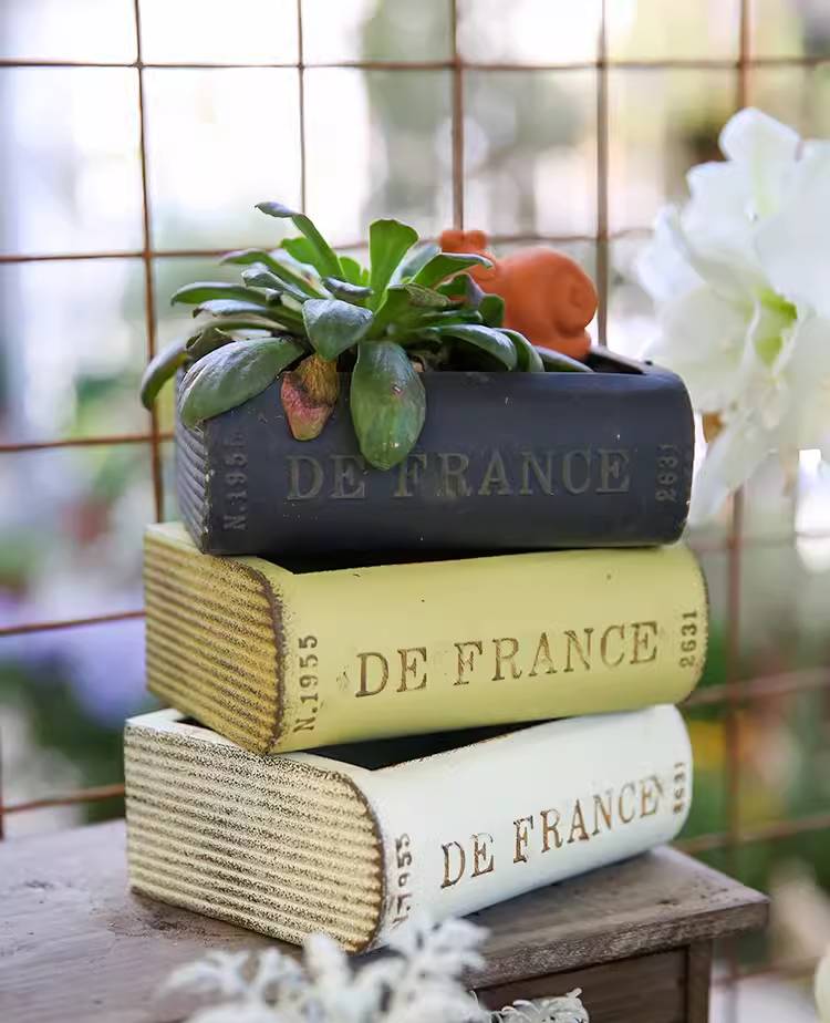 Vintage Farmhouse Style Iron Planter for Succulents with Antique Book Design