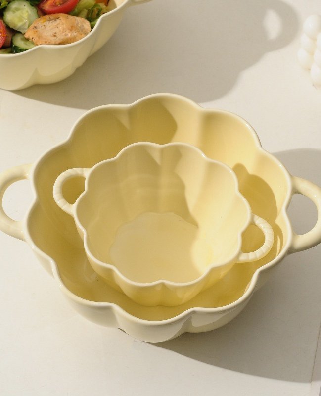 Creamy Yellow Ceramic Double-Handled Soup Bowl
