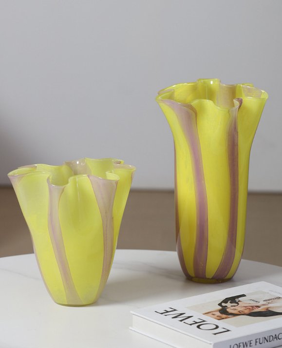 Colored Wavy Rim Vertical Stripe Handmade Glass Vase