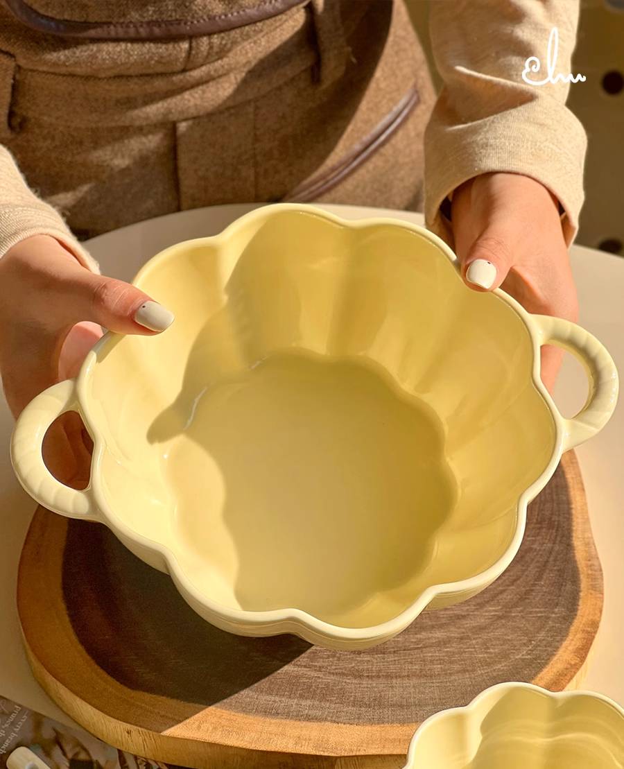 Creamy Yellow Ceramic Double-Handled Soup Bowl