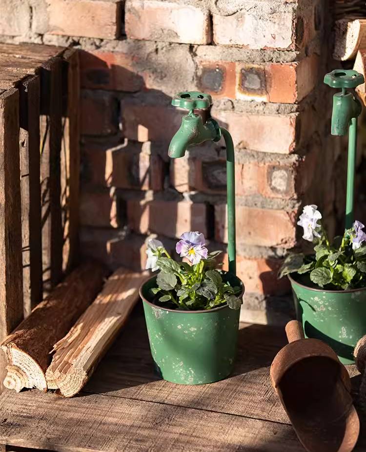 Whimsical Green Faucet Cylindrical Iron Flower Pot