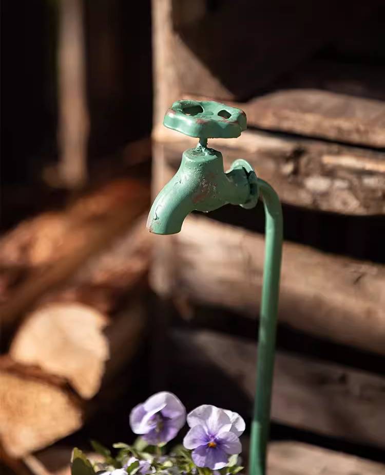 Whimsical Green Faucet Cylindrical Iron Flower Pot