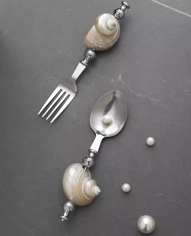 Natural shell handcrafted inlaid dessert spoon and fork