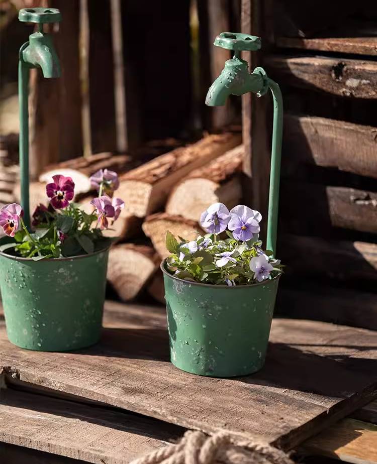 Whimsical Green Faucet Cylindrical Iron Flower Pot