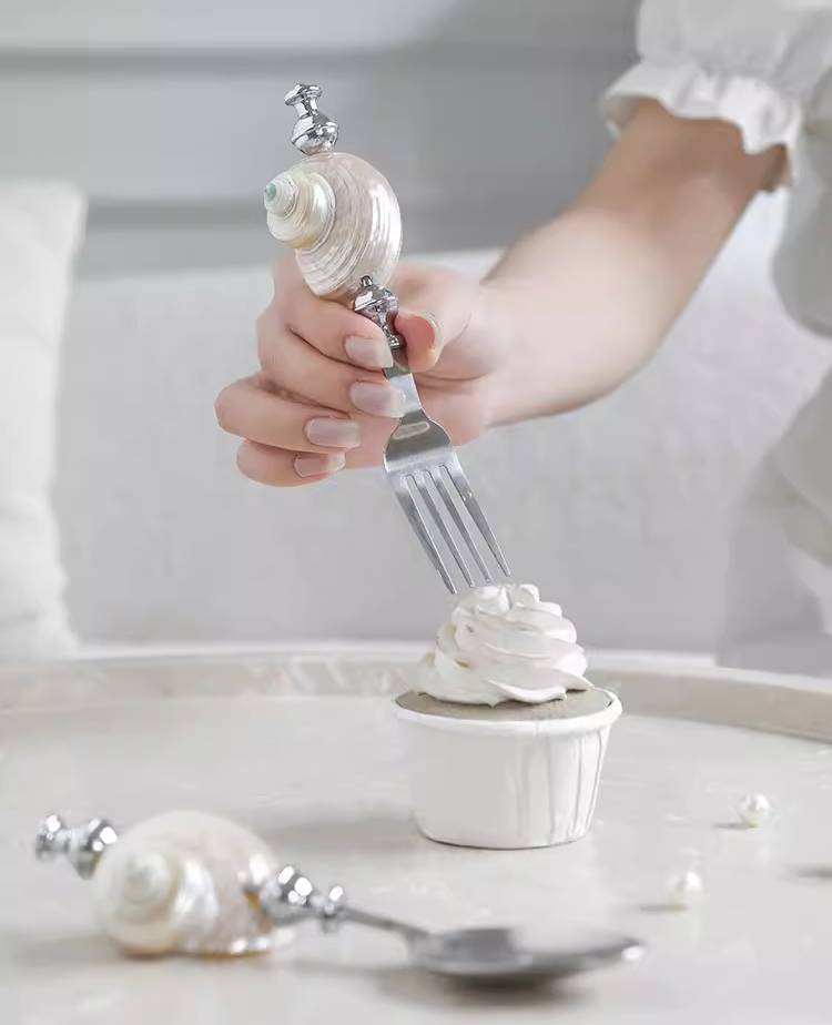 Natural shell handcrafted inlaid dessert spoon and fork