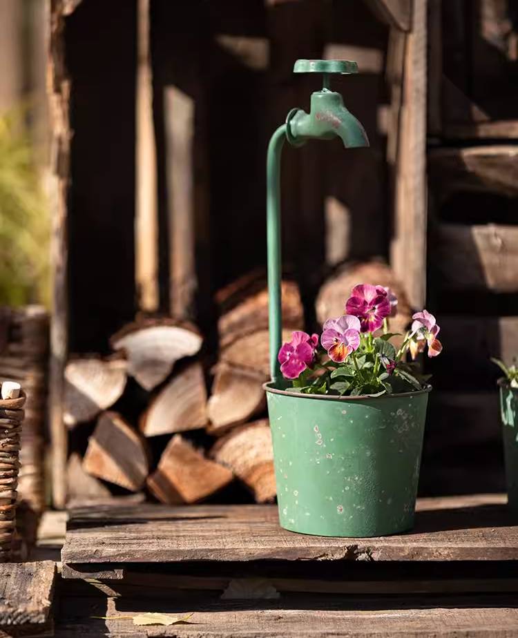 Whimsical Green Faucet Cylindrical Iron Flower Pot