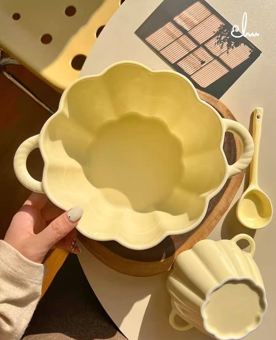 Creamy Yellow Ceramic Double-Handled Soup Bowl