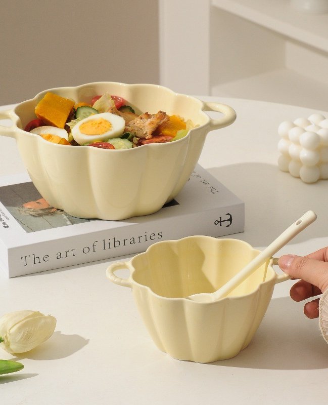 Creamy Yellow Ceramic Double-Handled Soup Bowl