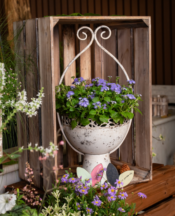 White Vintage Distressed Iron Planter with High Legs