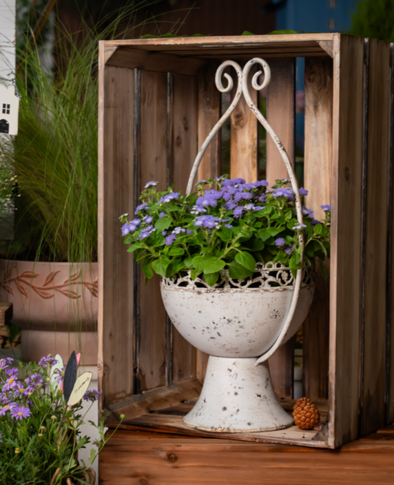 White Vintage Distressed Iron Planter with High Legs