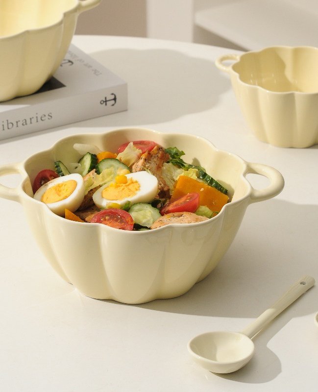 Creamy Yellow Ceramic Double-Handled Soup Bowl