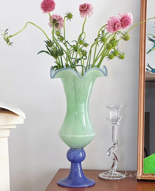 Mint Green Vintage High-Stem Handmade Glass Vase