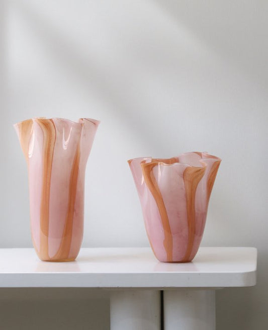 Colored Wavy Rim Vertical Stripe Handmade Glass Vase